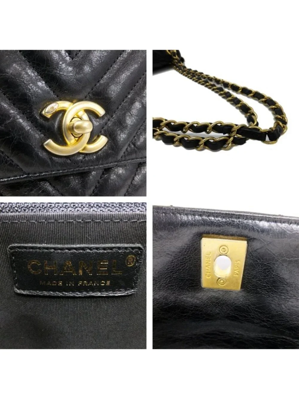 Chanel Chevron Classic Black Chain Shoulder Bag CC Logo Gold